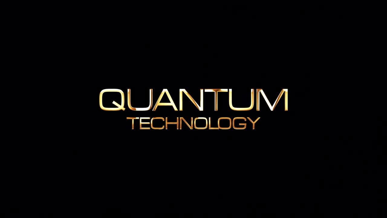 tecnología cuántica texto dorado con efecto glitch título de bucle en fondo negro.4k bucle sin costuras 3d tecnología cuántica elemento de efecto glitch animación de texto cinematográfico con elemento de efecto brillo dorado
