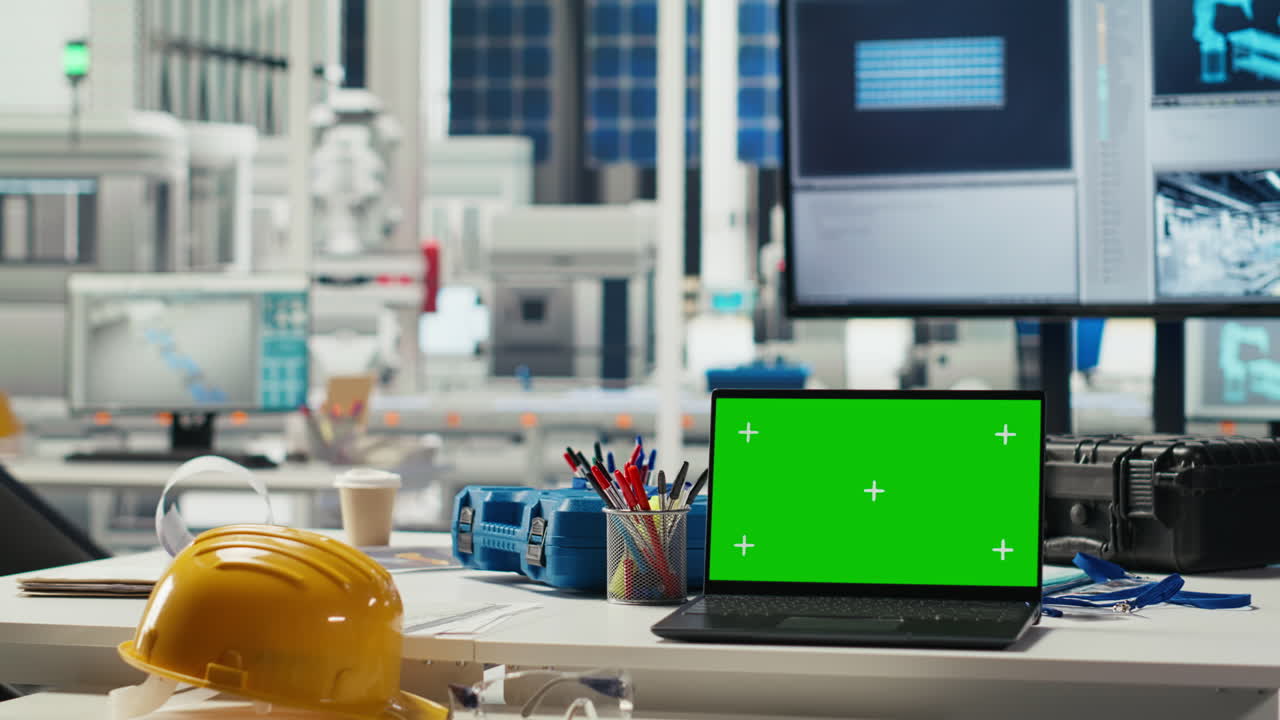Mockup Laptop In Solar Panels Manufacturing Plant Used For Downtime Alerts
