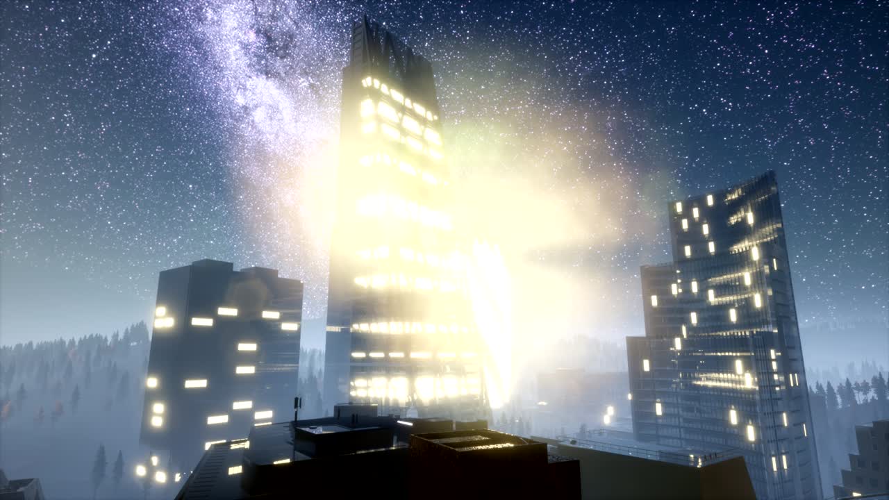 밤에는 은하계의 별들과 함께 도시의 마천루