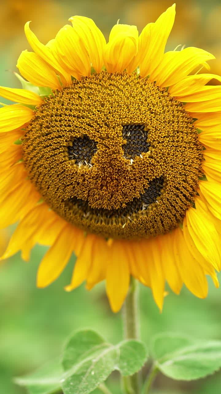 Funny smiling face curved in the middle of sunflower. Close up. Seed flower agricultural field in blur at backdrop. Vertical video