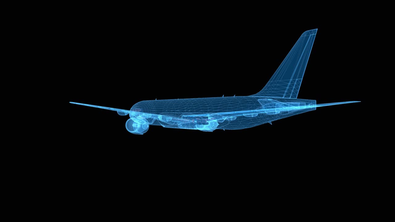 은 파란 선을 가진 3d 와이어 프레임 비행기 검은 바탕에 항공 미래의 홀로그램 루프 애니메이션