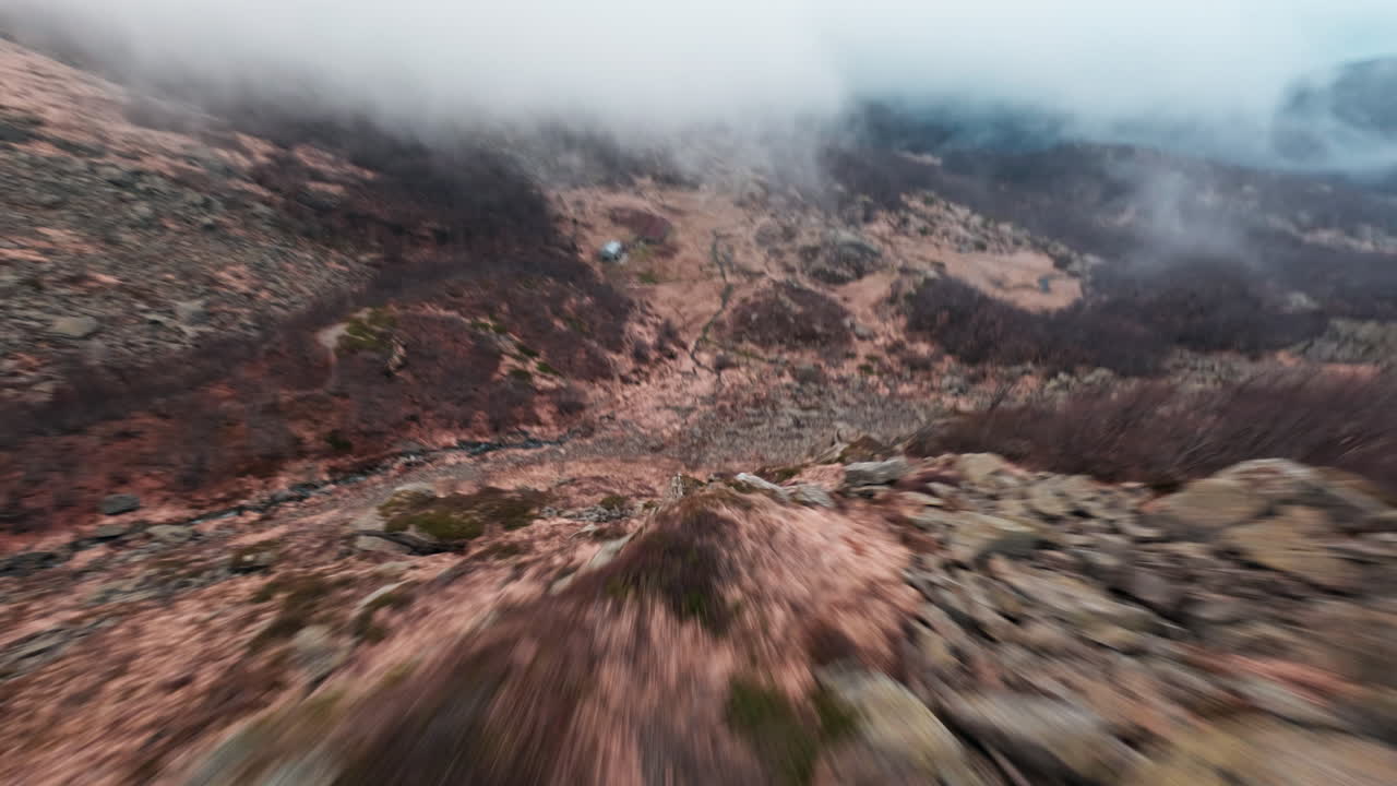 Foggy valley landscape with stream and cabin, shot in motion by FPV drone