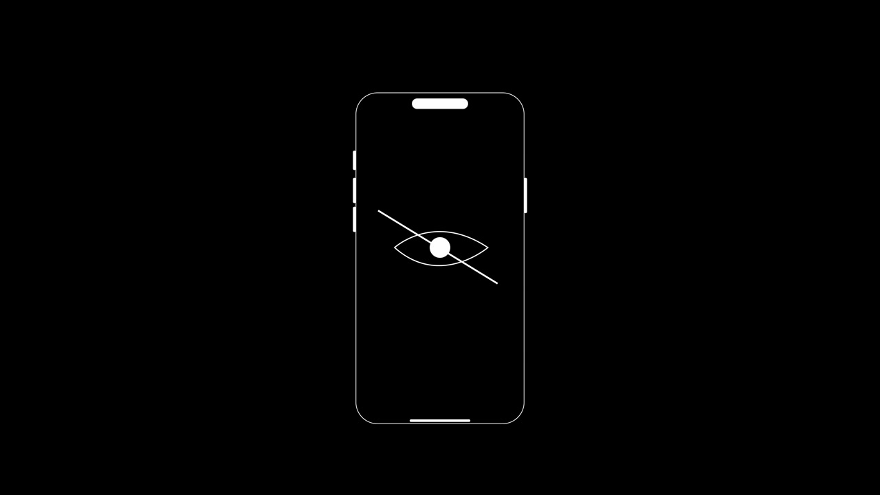 Mobile hidden visibility icon visual with white phone outline crossed eye mark and black empty