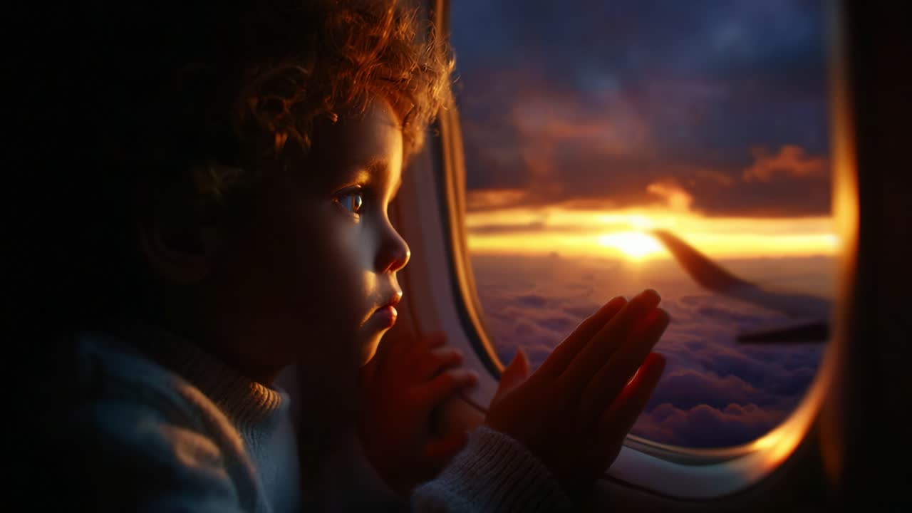 A contemplative child gazes out of an airplane window, marveling at the stunning sunset over the clouds, capturing the wonder of travel and the beauty of nature during flight