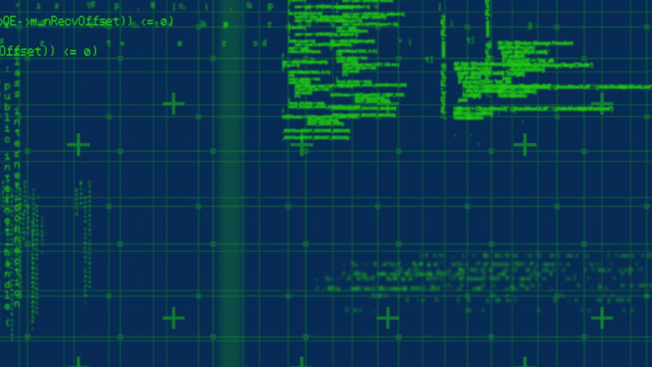 Animation of data processing over grid on blue background