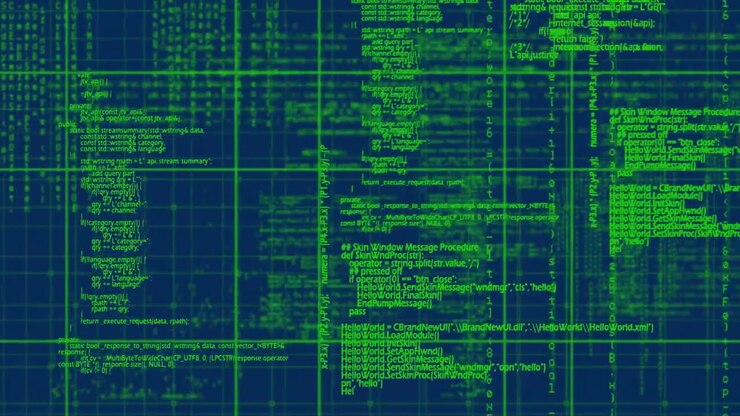 Animation of data processing over grid on blue background