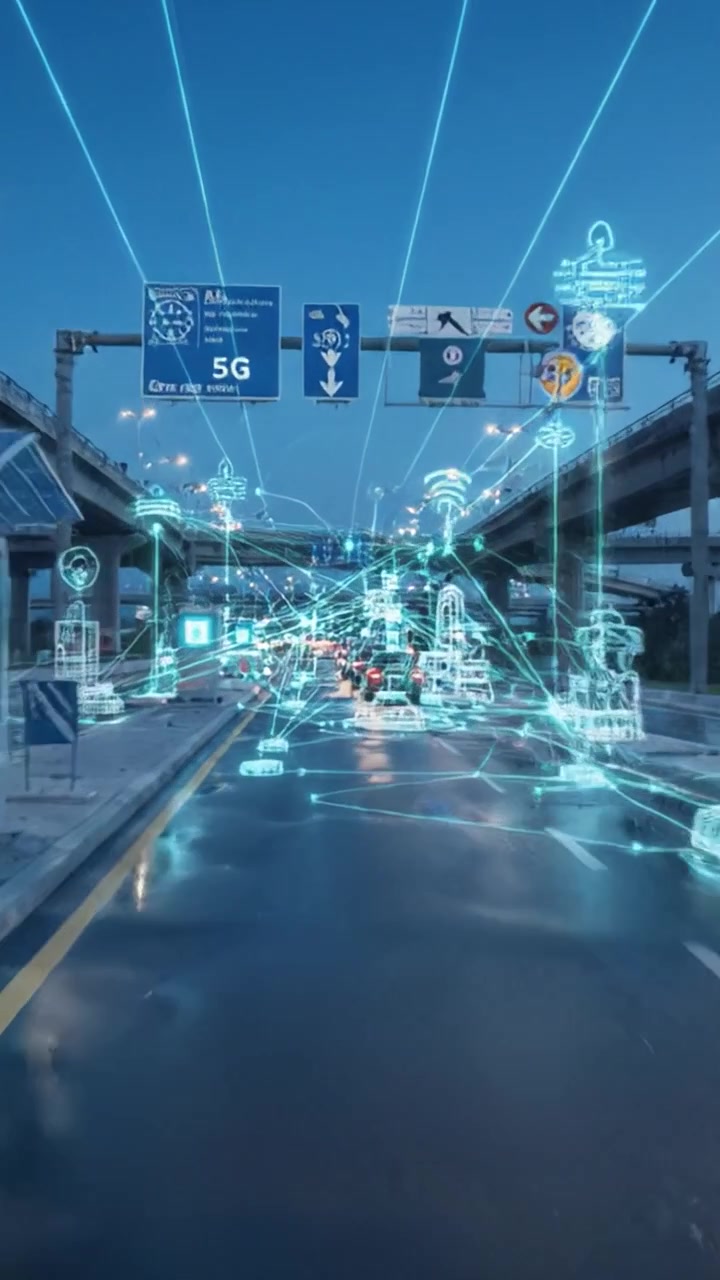 Scena autostradale urbana futuristica con traffico e connettività digitale, caratterizzata da infrastrutture di smart city ed elementi di tecnologia avanzata al tramonto