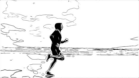 man running on beach in back and white comic style