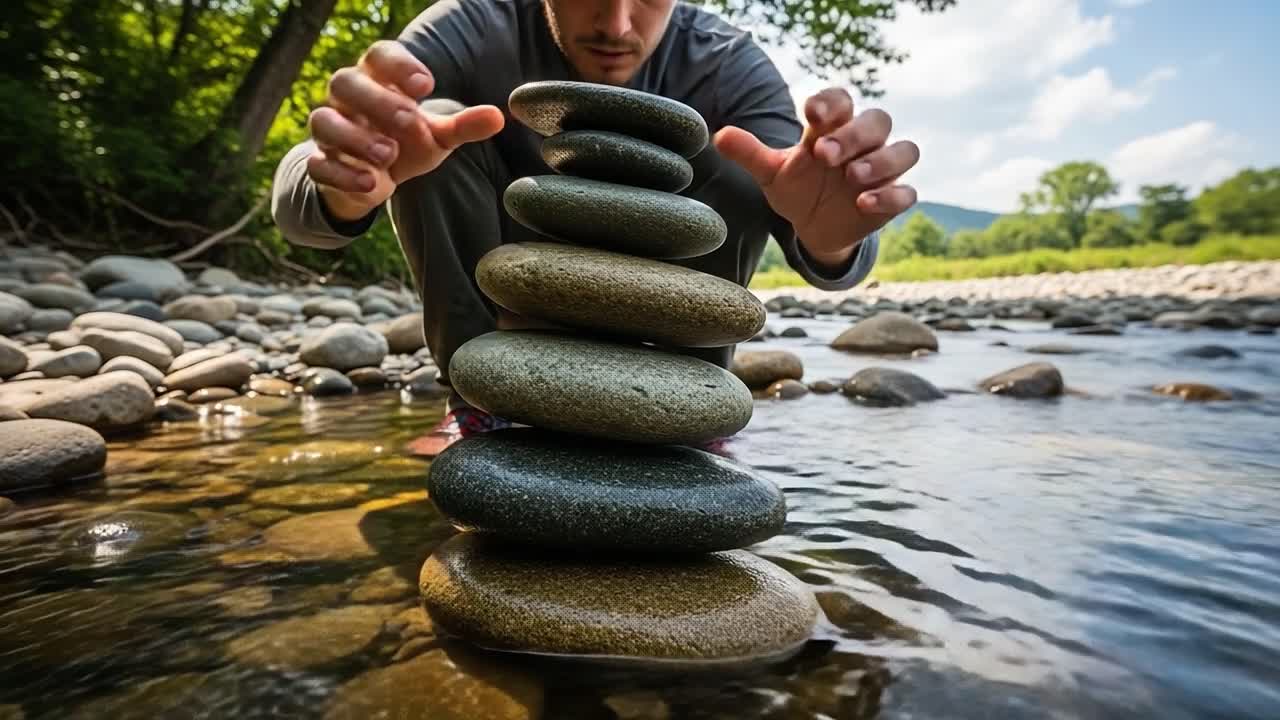 A Serene Journey of Stone Stacking: Crafting Harmonious Balances in Nature's Tranquil Waters Through Focus and Precision
