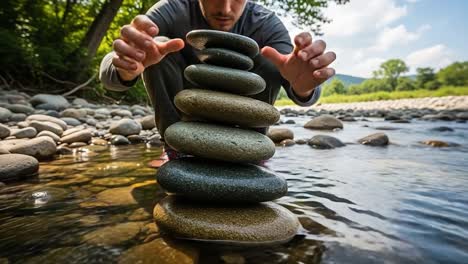 a serene journey of stone stacking: crafting harmonious balances in nature's tranquil waters through focus and precision