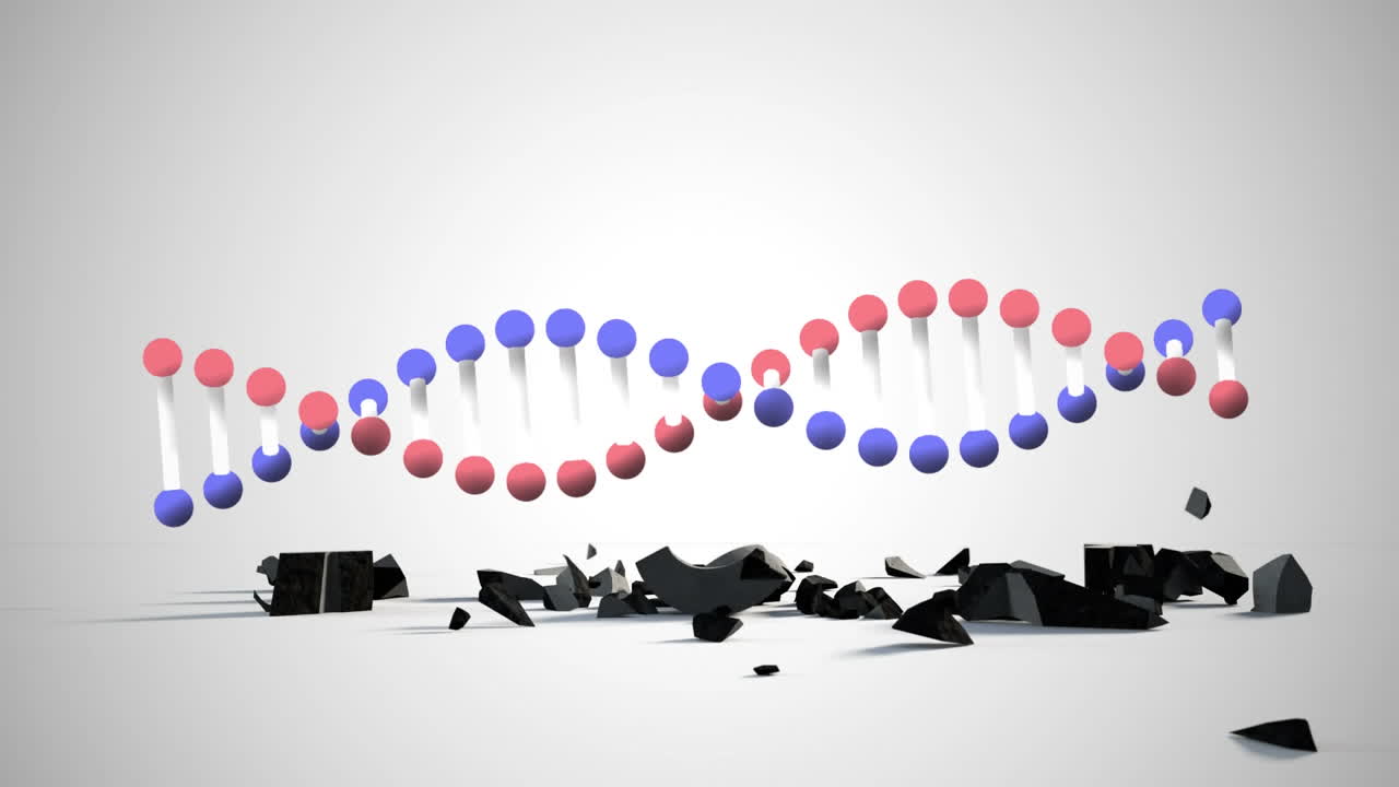 estructura de adn girando sobre el símbolo de la moneda del dólar cayendo y rompiéndose contra un fondo gris
