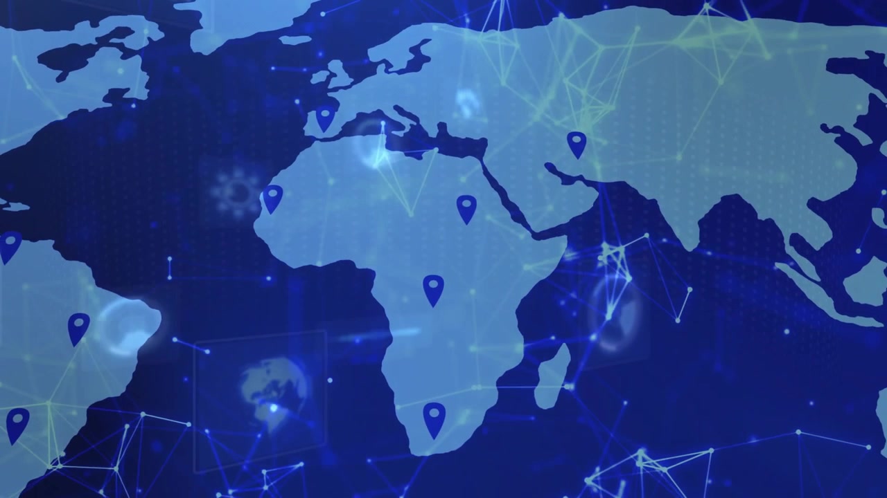 Soft blue blur transitioning global map with markers dropping and network expanding worldwide