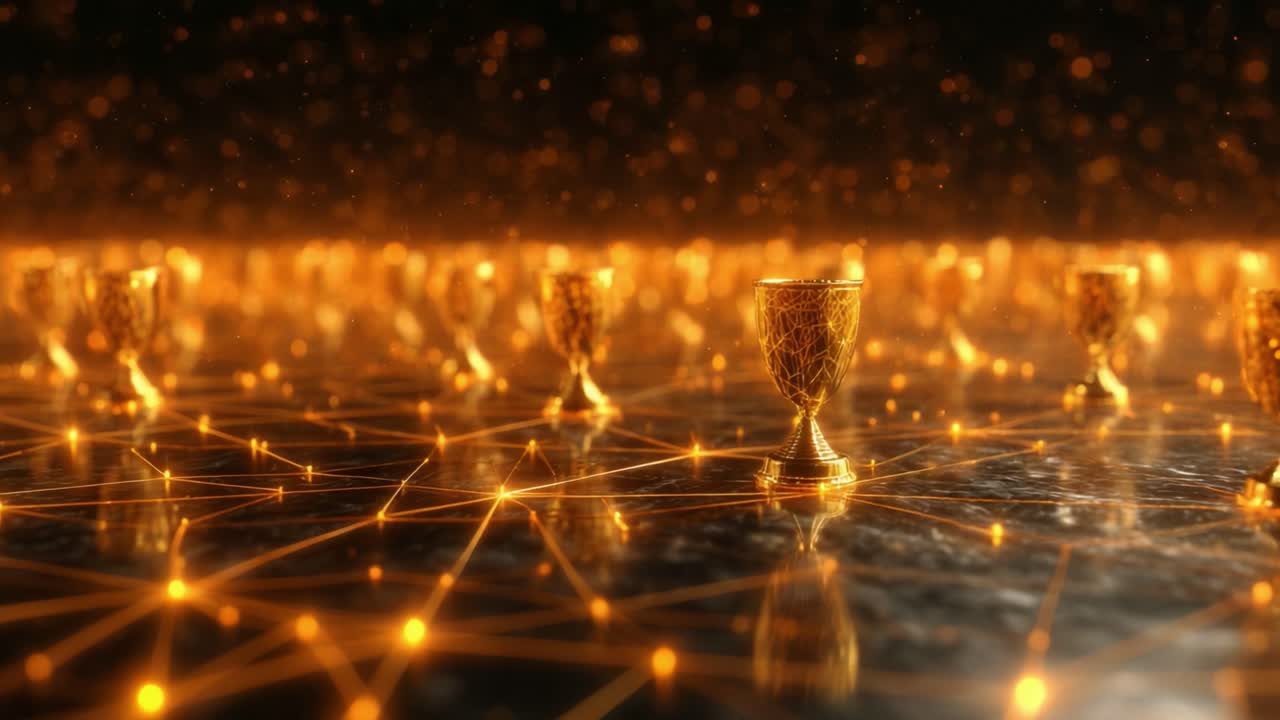 A Stunning Display of Shimmering Golden Trophies Set Against a Magical, Sparkling Background, Celebrating Achievement and Success in a Visually Striking Perspective