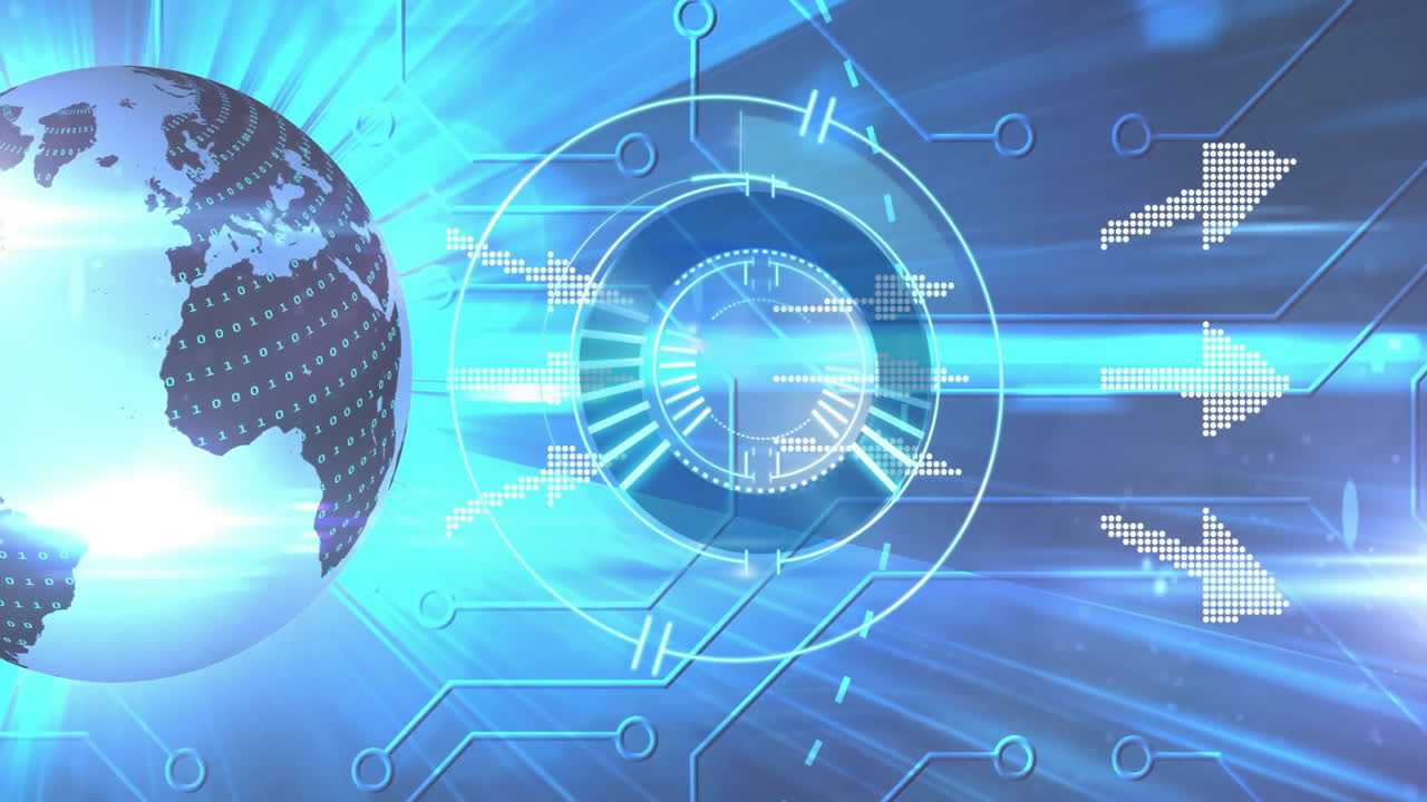 Data processing animation with digital globe and futuristic interface in background