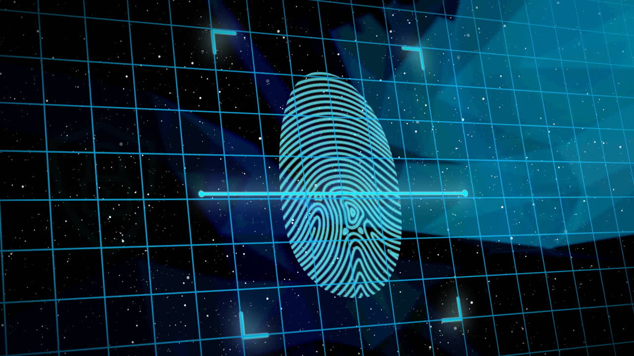 animación de candados de seguridad en línea con huellas dactilares biométricas y procesamiento de datos en segundo plano