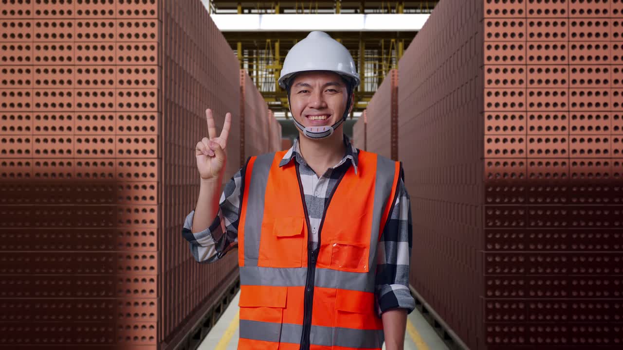 Asian Male Engineer With Safety Helmet Smiling And Showing Peace Gesture While Standing With Red Brick Packed in Stacks Are Stored