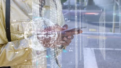 animation of globe and data processing over midsection of caucasian man using smartphone