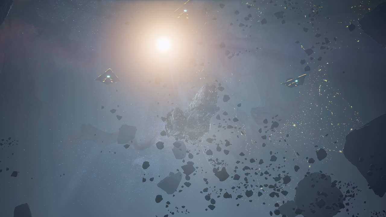 Massive Spaceship Among Asteroids In Deep Space