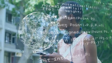 animation of data processing and globe over african american woman using smartphone