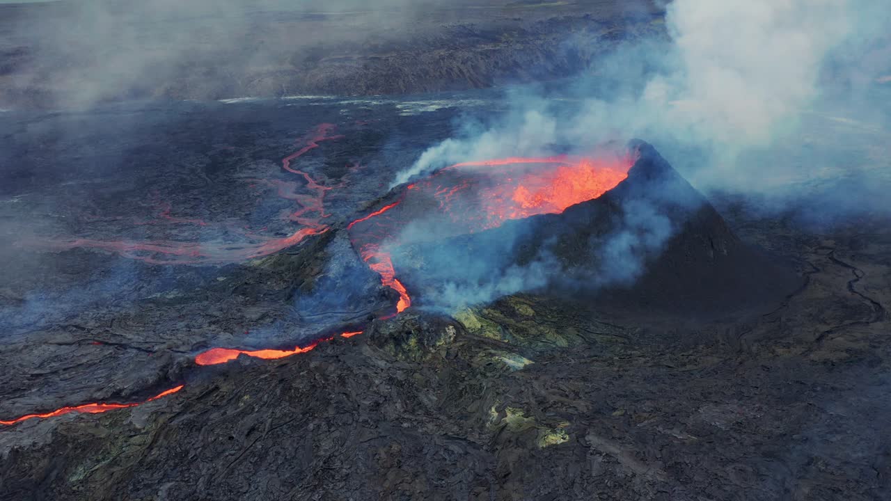 Aerial view of Smoke and Lava Stream coming out of Fagradalsfjall volcano in Iceland