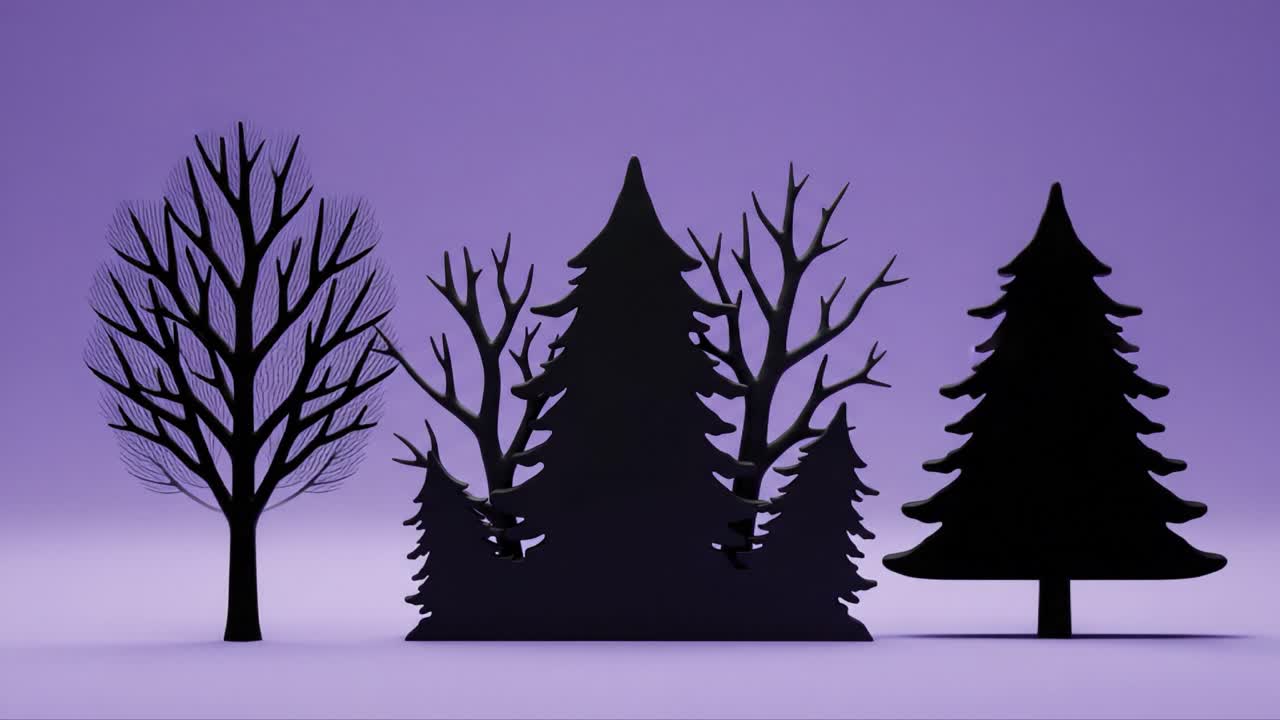 Silhouette of a Forest Scene Depicted in Black Against a Soft Purple Background, Featuring Tall Pines and Leafless Trees Creating a Mystical Atmosphere