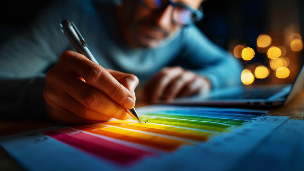 A Focused Artist Captures the Essence of Color through Detailed Illustrations, Utilizing a Pen on Vibrant Charts in a Cozy, Ambient Workspace Filled with Creative Energy