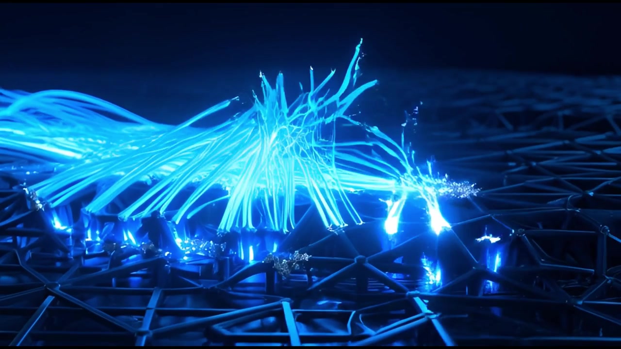 Abstract Animation of Glowing Blue Fiber Optic Cables Spreading Across a Grid