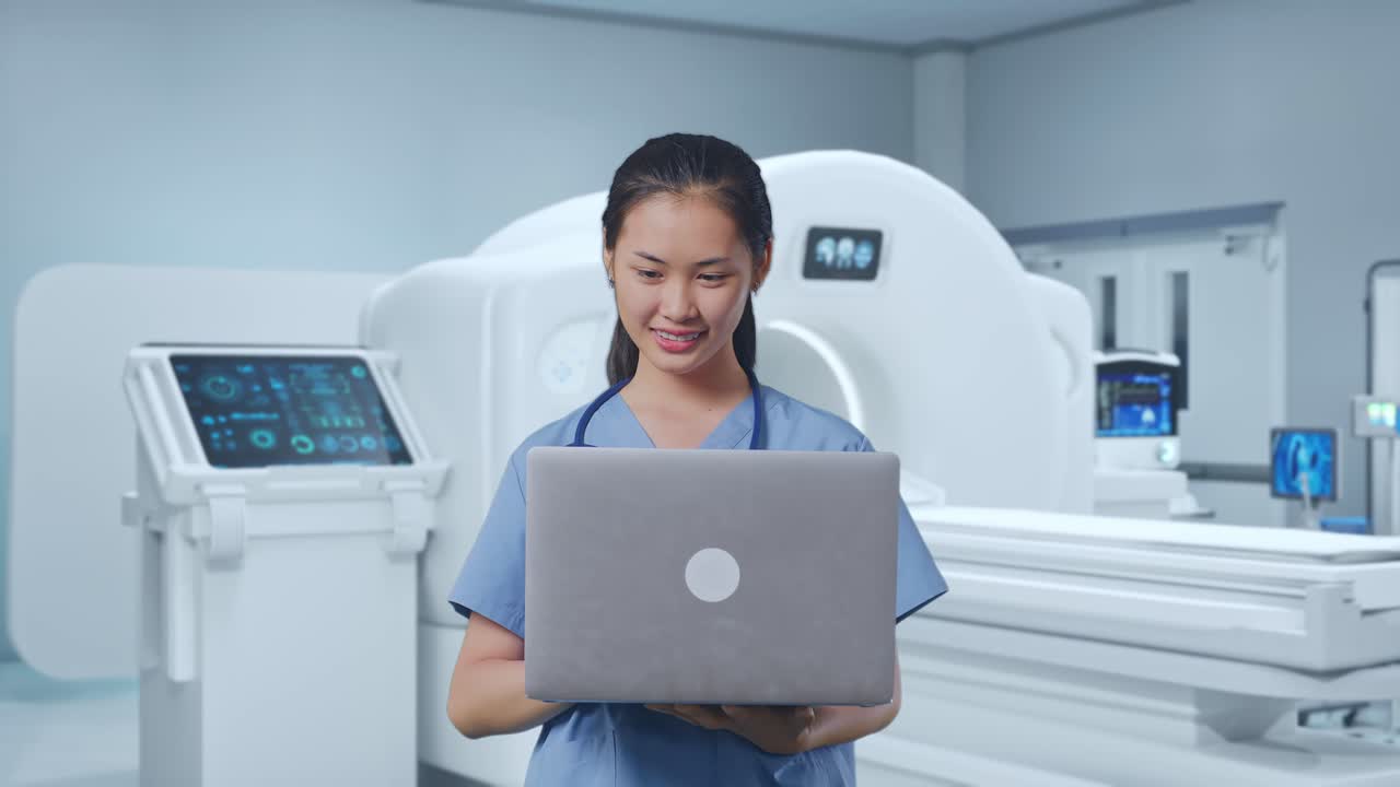 Asian Female Doctor Typing On A Laptop With Mri Machine