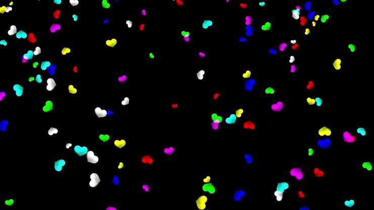 Grafica in movimento con cuori colorati cadenti su sfondo notturno