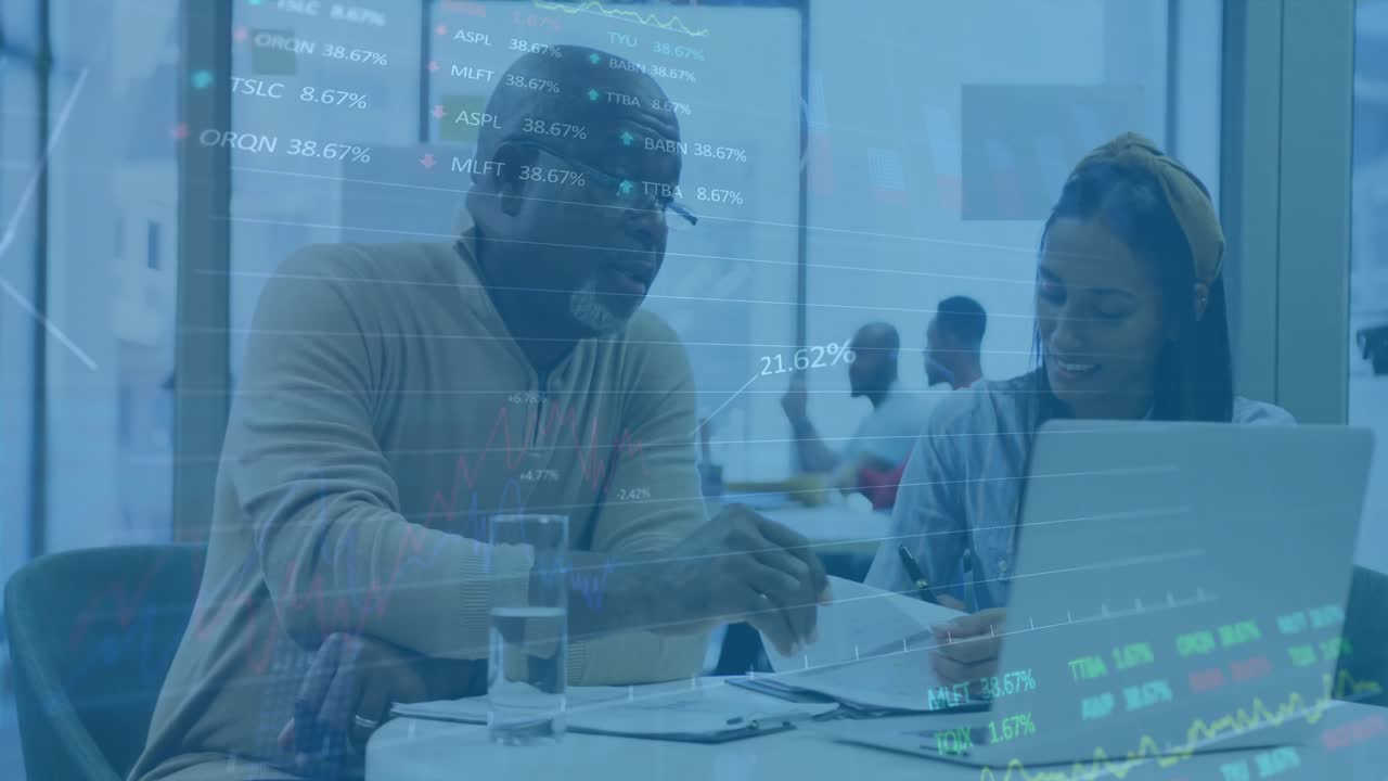 Animation of financial data processing over diverse business people in office