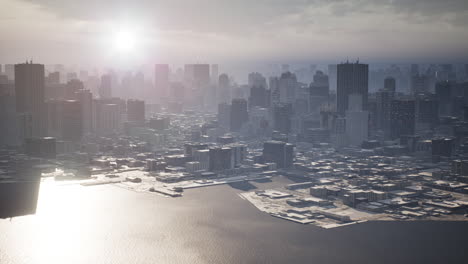 skyline aerial view at sunset with skyscrapers