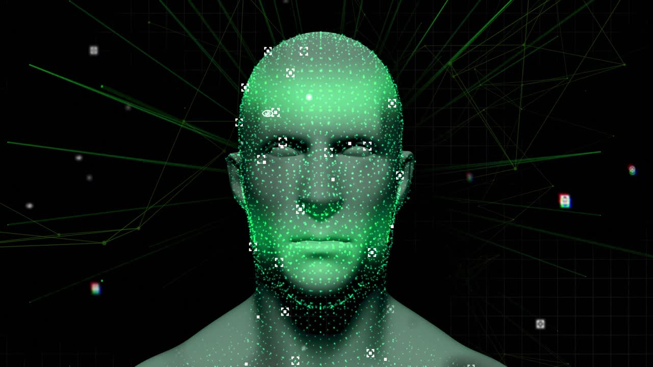 modelo de cabeza humana girando contra rastros de luz parpadeantes en un fondo azul