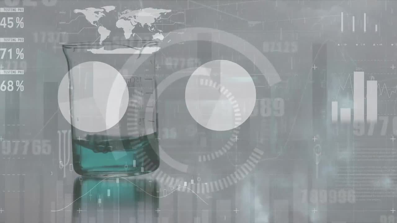 변화하는 숫자의 애니메이션, 둥근 스캐너 및 통계 데이터 처리가 화학물질을 통해 컵에
