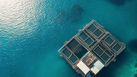 aerial view of a fish farm in the ocean