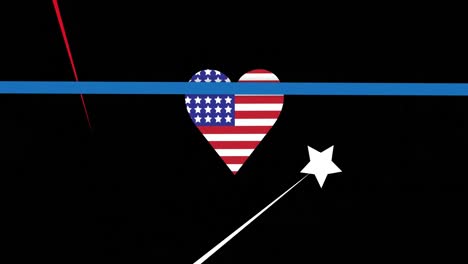 animación de rayas azules, blancas y rojas con estrellas sobre el corazón coloreadas en la bandera de los estados unidos.