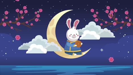 animación de mediados de otoño con un conejo sentado en una escena de luna creciente