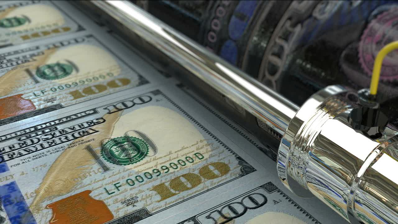 USA dollars printing press machine prints current 100 USD banknotes. Seamless loop. stock video