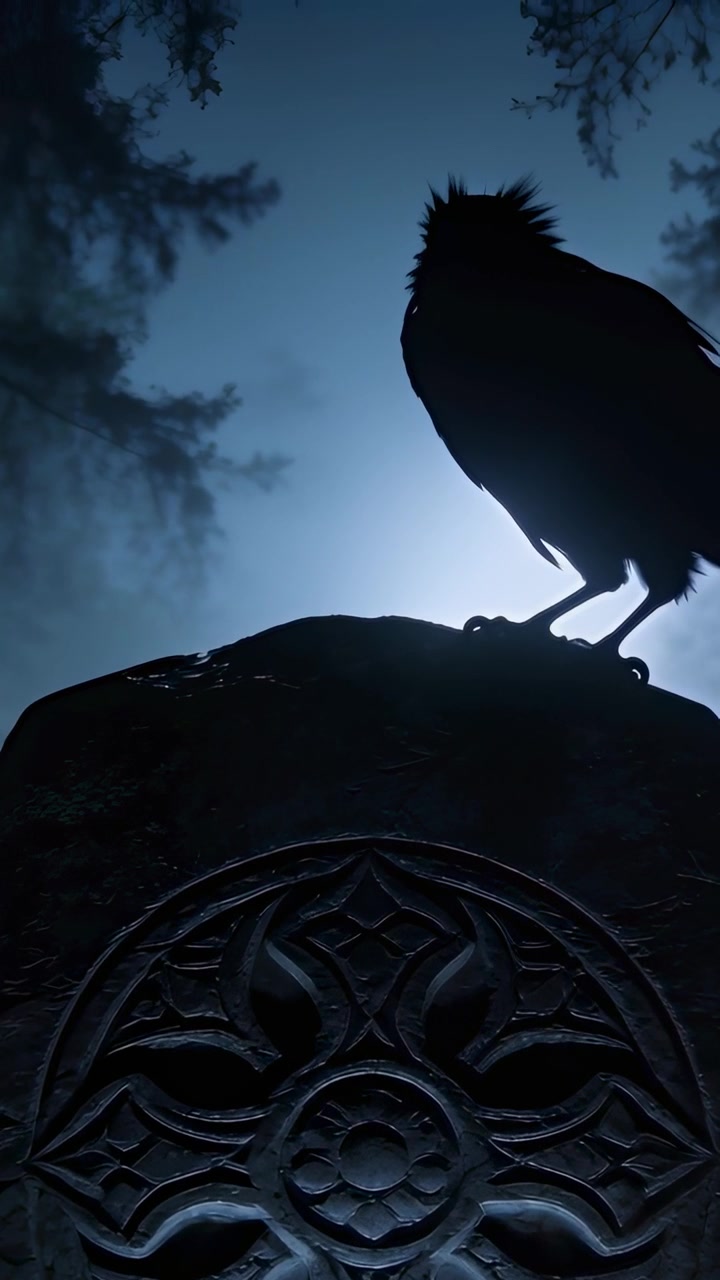 Vídeo vertical: Corvo empoleirado inclinando-se e movendo-se em uma laje esculpida com anel ornamentado à luz da lua