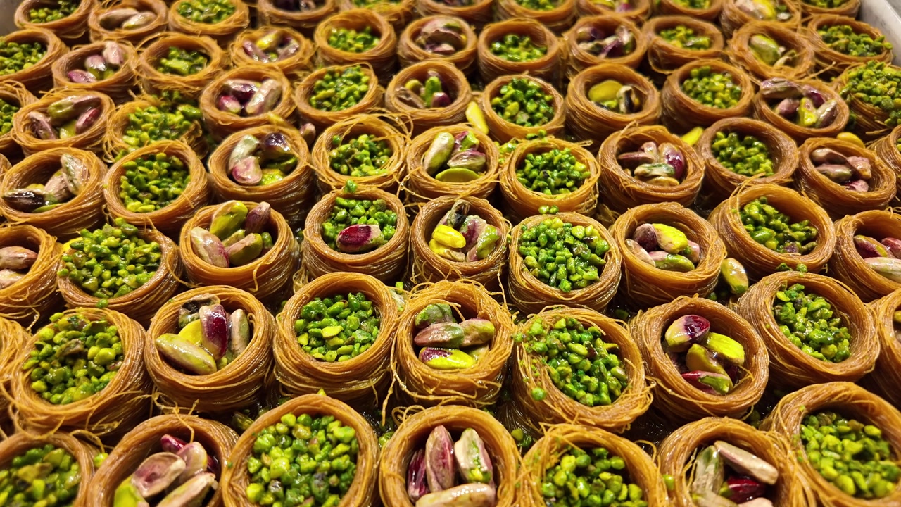 Delicious Golden Baklava Nests Filled with Green Pistachios