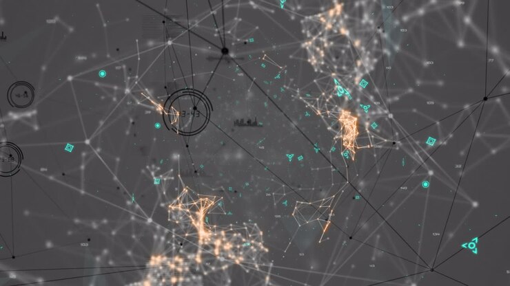 Digital animation of network of connections and data processing against grey background