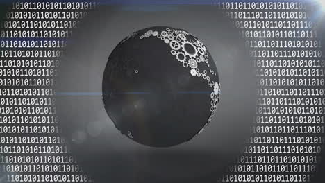 Animation of globe with binary coding and data processing over dark background