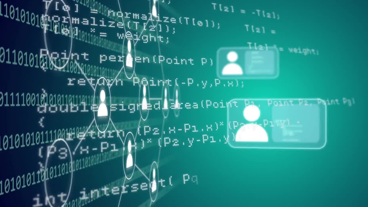 녹색 배경 위에 디지털 아이콘과 이진 코딩 데이터 처리의 애니메이션