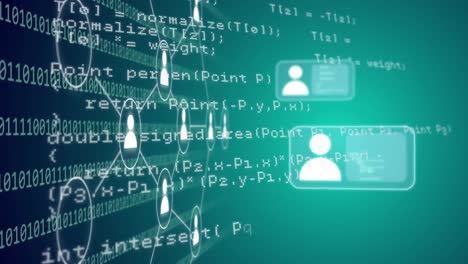 animación de iconos digitales y procesamiento de datos de codificación binaria sobre fondo verde.