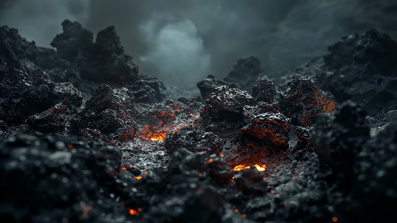 Molten lava pockets pulsing within jagged volcanic fissures while smoke rising across barren crater
