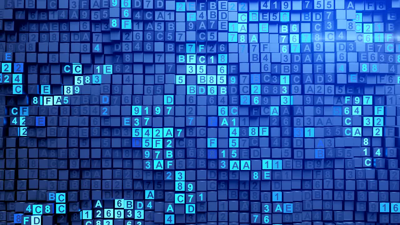 Blue matrix of digital HEX code seamless loop 3D render animation