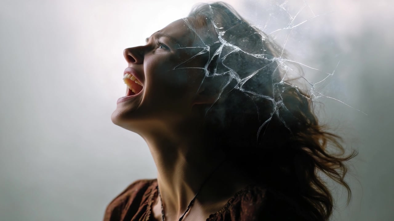 Une représentation saisissante de la tourmente émotionnelle, cette œuvre d'art capture une femme en pleine agonie, son expression reflétant une douleur profonde, tandis que sa tête semble se briser comme du verre.