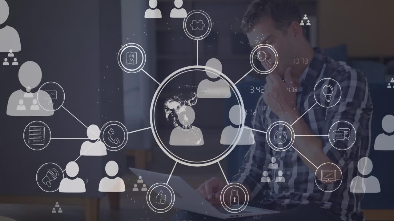 animación de la red de conexiones con iconos sobre empresario caucásico en el cargo