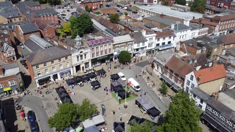 Busy-Market-in-Hitchin-Hertfordshire,-market-town-England-UK-drone-aerial-view