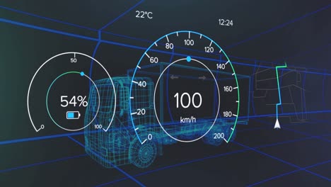 Animación-De-Velocímetro,-GPS-Y-Datos-De-Estado-De-Carga-En-La-Interfaz-Del-Vehículo,-Sobre-Un-Modelo-De-Camión-3D.