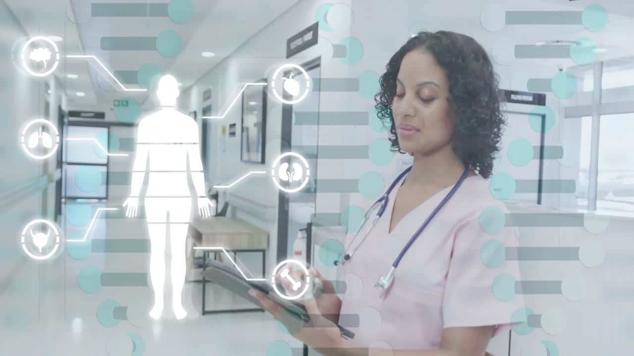 Animation of medical data processing over biracial female doctor